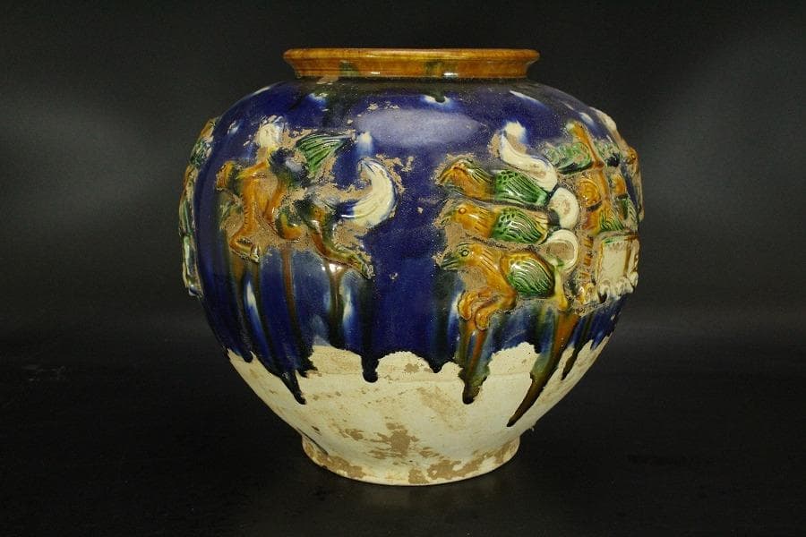 中国美術 唐三彩 貼花紋 丸壷 φ30cm(LC240)