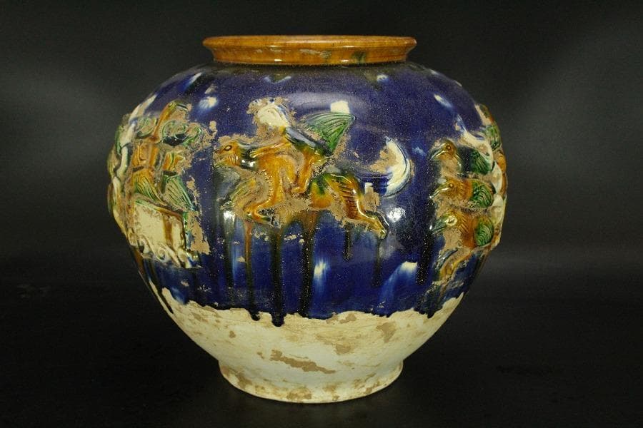 中国美術 唐三彩 貼花紋 丸壷 φ30cm(LC240)