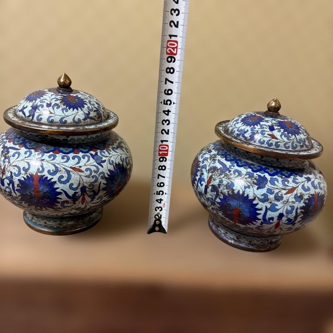 中国古美術　骨董品　七宝焼　蓋付き壺一対　保管箱