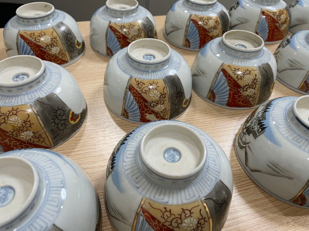 古伊万里 富貴長春 色絵金彩 富士 雪柄 小鉢 蓋付き椀 茶碗 レトロ 20客