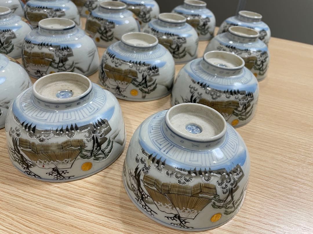 古伊万里 富貴長春 色絵金彩 富士 雪柄 小鉢 蓋付き椀 茶碗 レトロ 20客