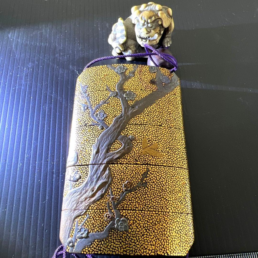 江戸時代　極上盛上鷲内梨地　五段大振印籠　極上獅子根付　東Y7-0812⭐︎2F