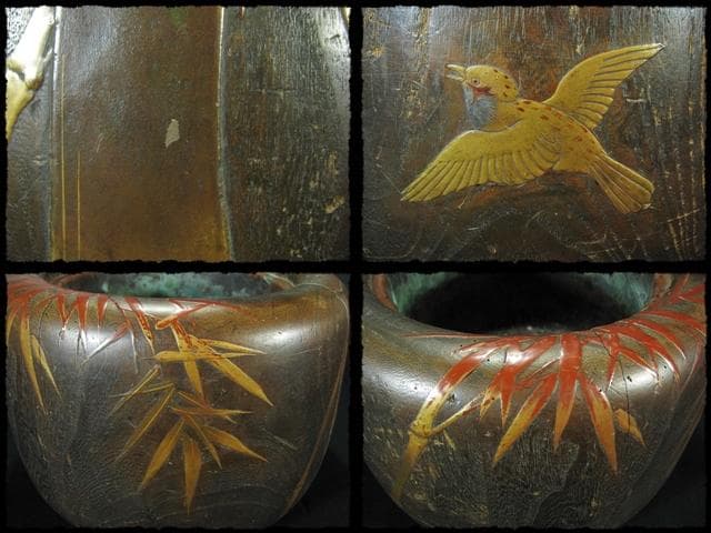 金蒔絵 桐丸 火鉢 一対 竹鳥文 スズメ 囲炉裏 茶道具 e59