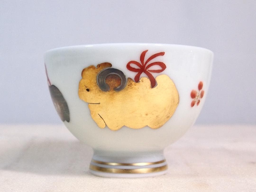 【未使用】京焼/清水焼 京都 平安清鳳 金銀彩羊 茶碗6客 玉露用？干支/未年
