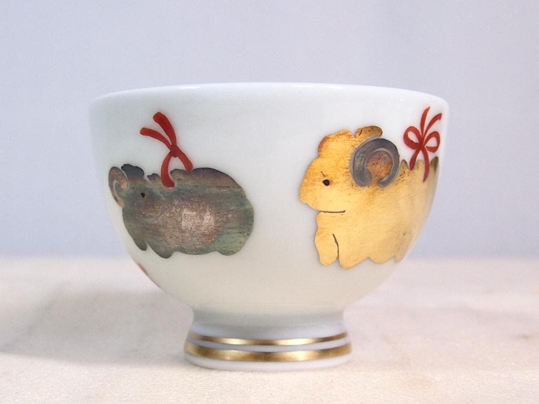 【未使用】京焼/清水焼 京都 平安清鳳 金銀彩羊 茶碗6客 玉露用？干支/未年