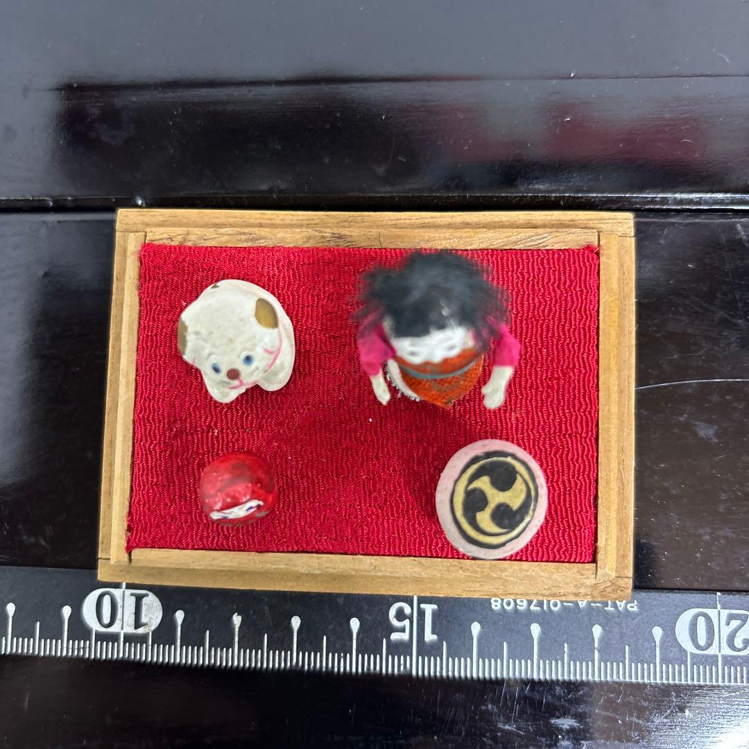 ❷アンティークハイハイ人形こま犬、亀ガラスケース桐箱童子大正昭和初期まとめて