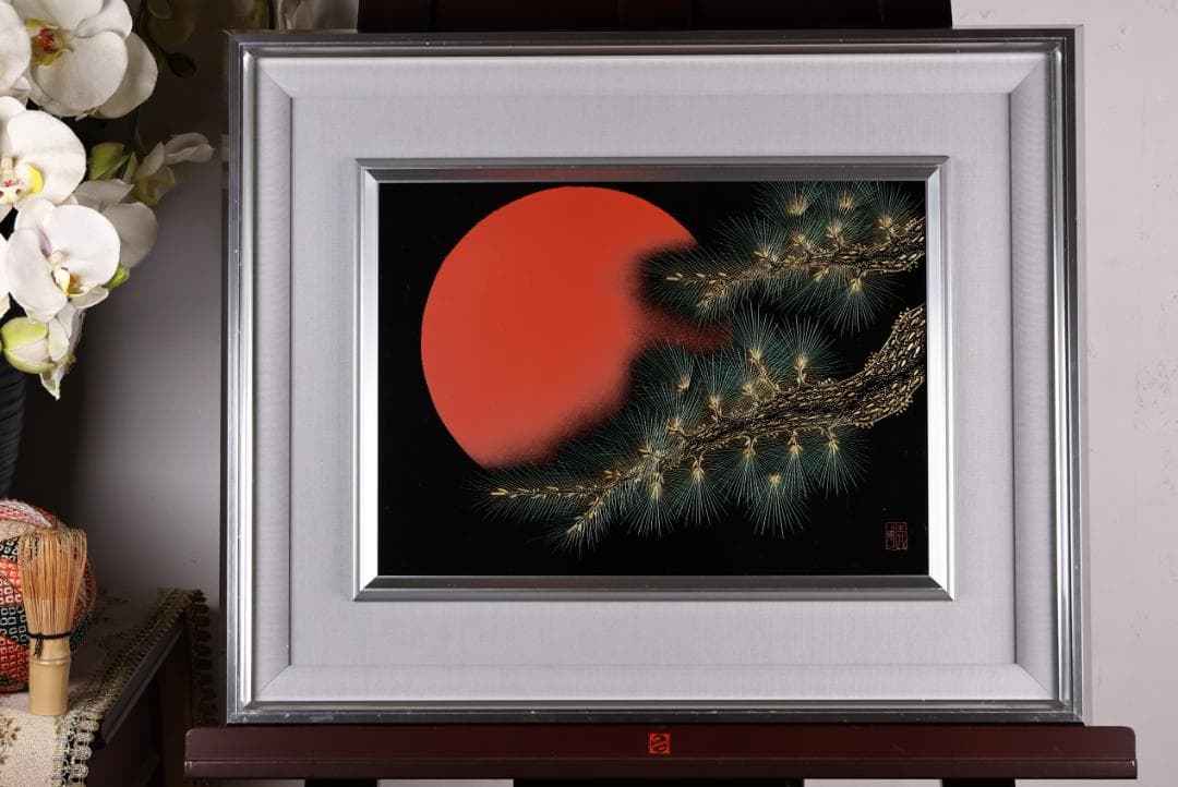 【真作】 輪島塗名工　松井義明　『 日の出 』沈金　漆絵　額装　４号　BJ215