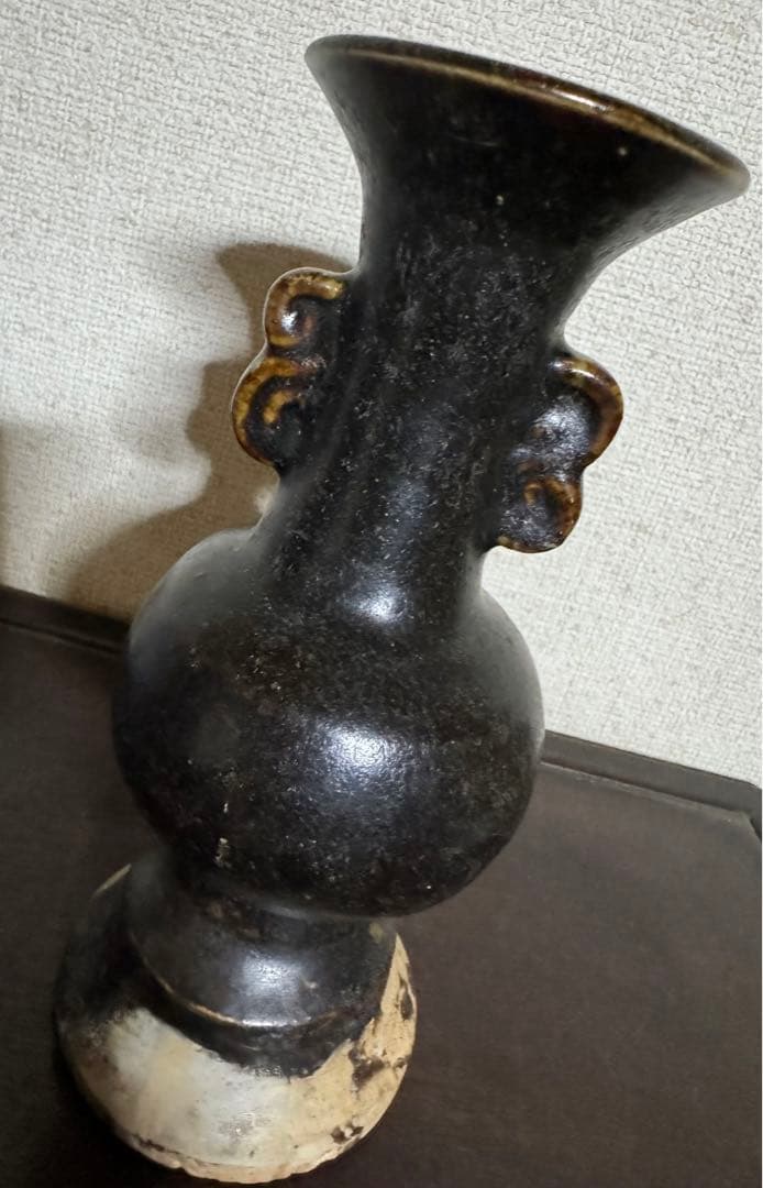 中国骨董　漢ー唐　黒釉褐釉　耳付瓶仏前供養瓶　時代物　唐物　古美術(N-3)