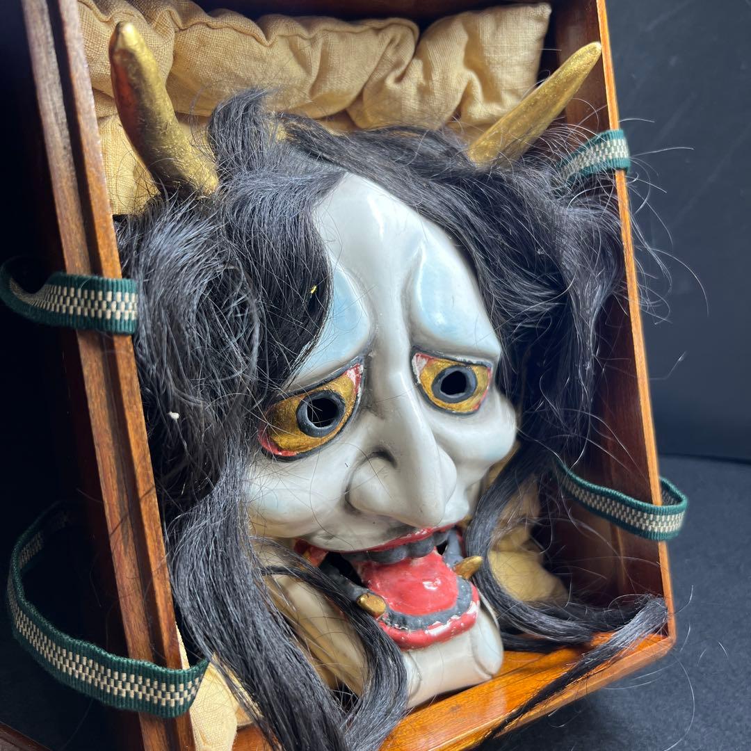 時代乾漆ハンニャ能面　木箱付　顔幅約12.3㎝　東Y8-0116☆2Fタサチ