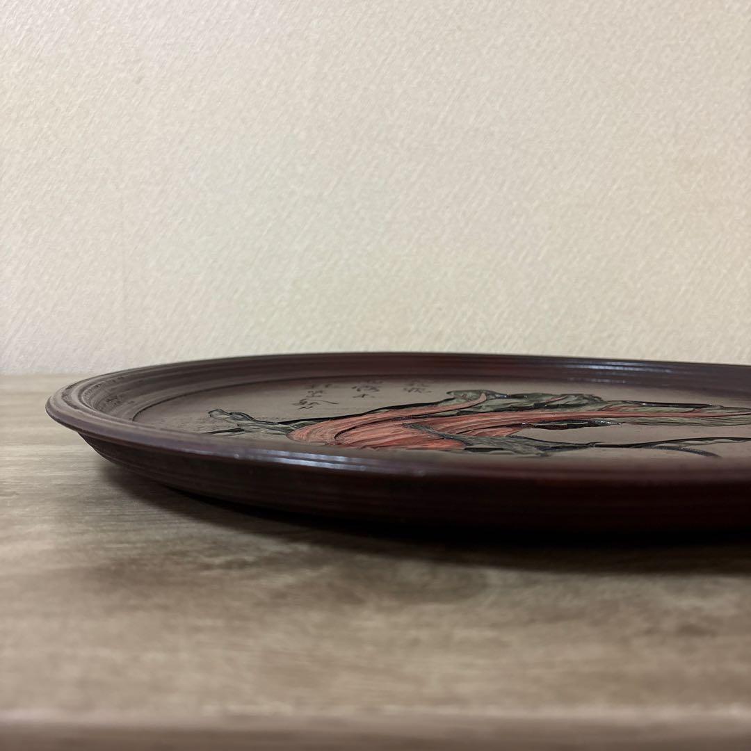 時代　彫抜色絵絵替丸盆　讃岐彫象谷塗　5枚　古盆　古木箱有〈検 烏城　四国　鎌倉