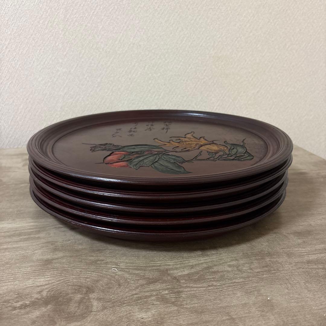時代　彫抜色絵絵替丸盆　讃岐彫象谷塗　5枚　古盆　古木箱有〈検 烏城　四国　鎌倉