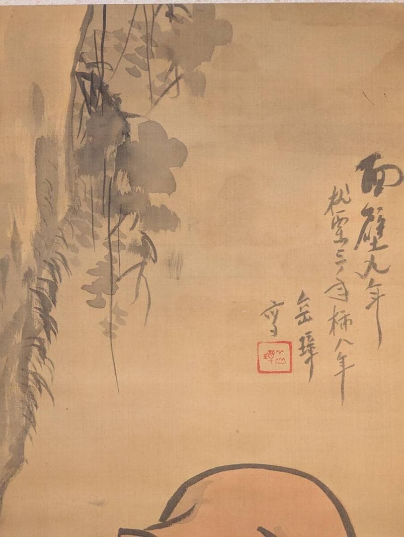 【真作】掛軸　達磨図　凛々しい眼差しの禅画　墨彩で描く静寂の境地　合箱入　T18