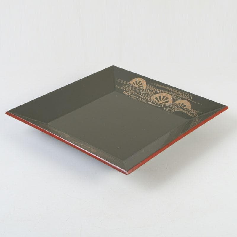 和食器　茶懐石　山中塗　辻石斎作　螺鈿装飾　片輪蒔絵　四方盆　共箱　N　9855