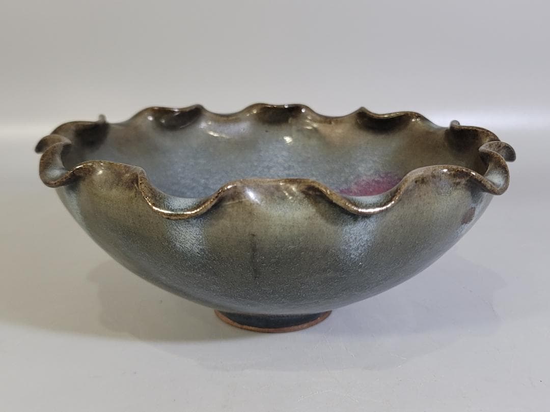 中国美術 斑紫釉 輪花 碗 時代物 DT444