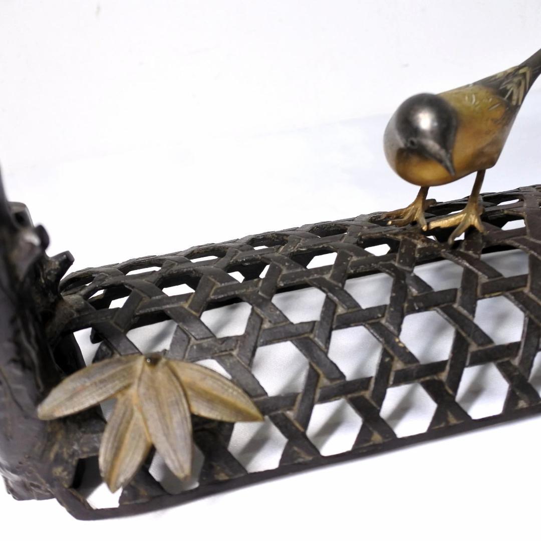 金工師 玉山銘 金属工芸 鋳銅製 蛇籠 鶺鴒 小鳥 骨董 古道具