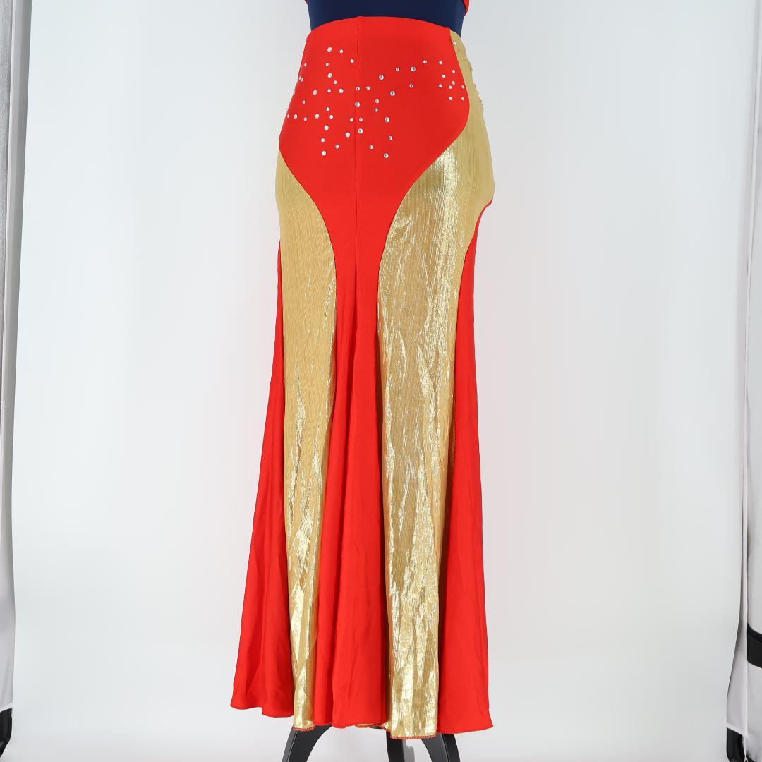 【ベリーダンス用 オリエンタル衣装】レッド×ゴールド ストーンラメ タイト 赤
