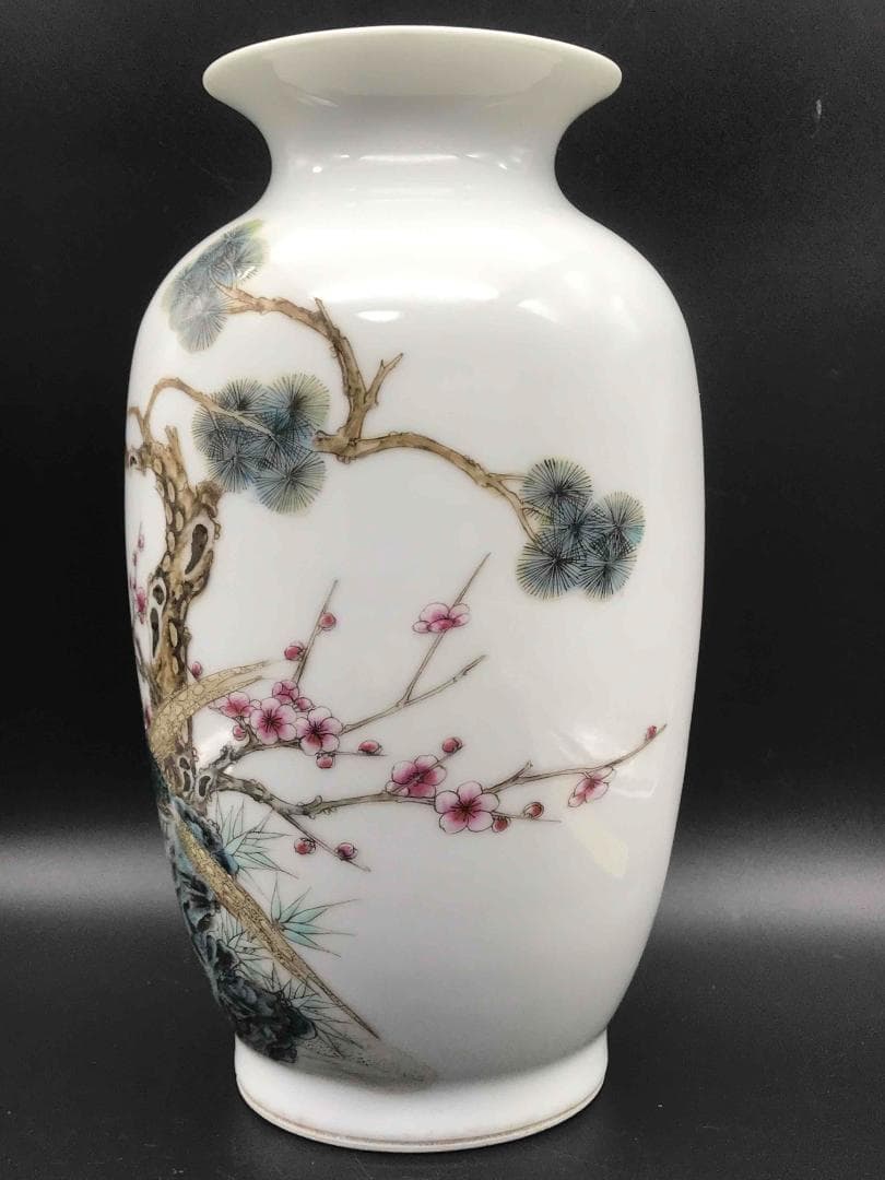 中国古美術　清時代　「大清光緒年製」在銘　粉彩花鳥詩文瓶　繊細細密(A-32)