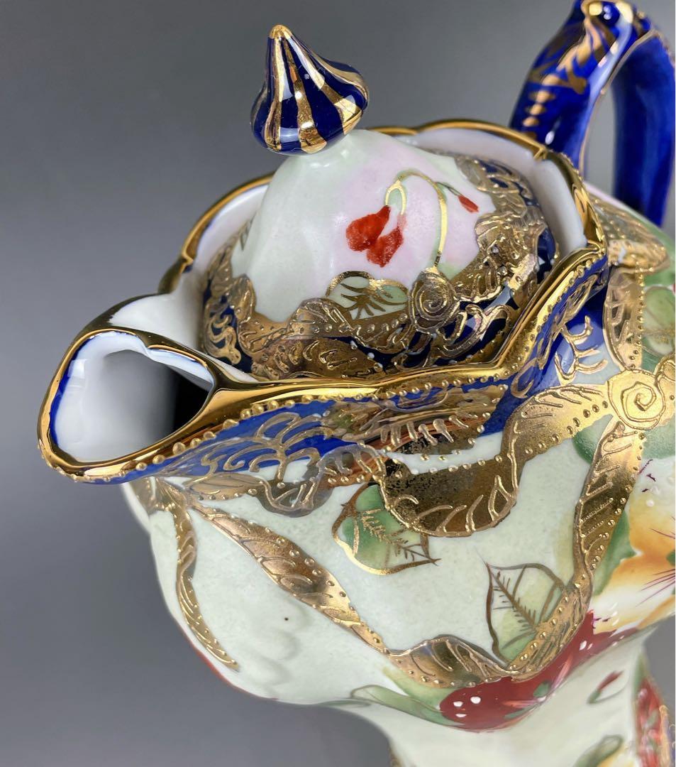 【美品】オールドニッポン 約２４cm 金盛り 花紋 チョコレートポット ティー