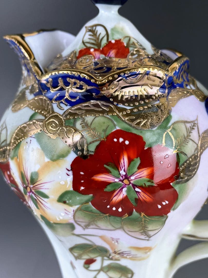 【美品】オールドニッポン 約２４cm 金盛り 花紋 チョコレートポット ティー