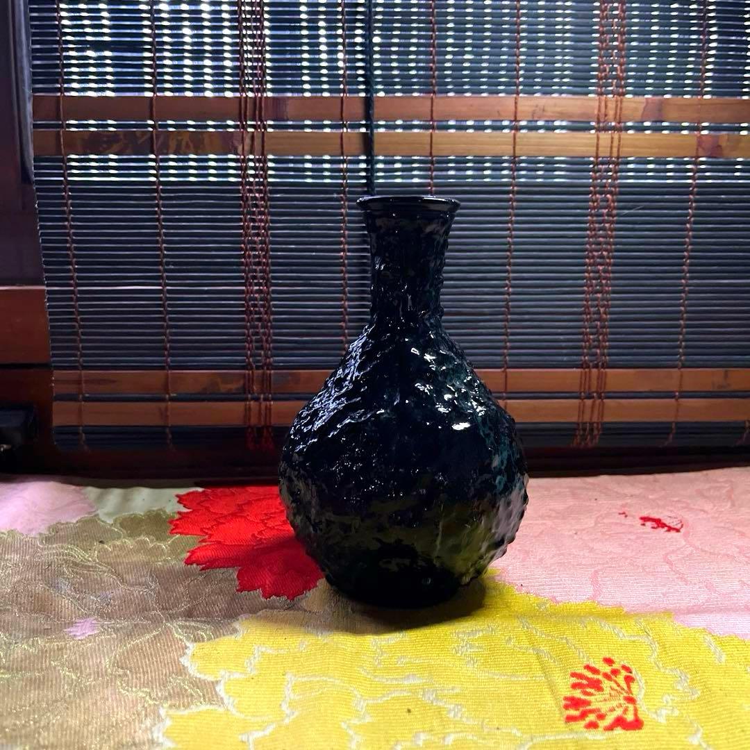 骨董　時代ガラス　プレスガラス　希少紫ガラス　渋紙　氷裂模様　凸凹プレス　花器