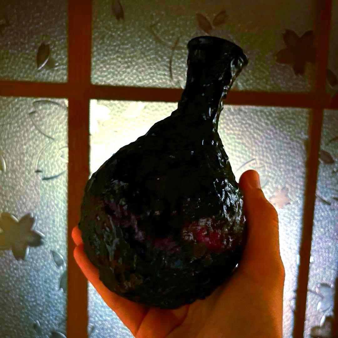 骨董　時代ガラス　プレスガラス　希少紫ガラス　渋紙　氷裂模様　凸凹プレス　花器