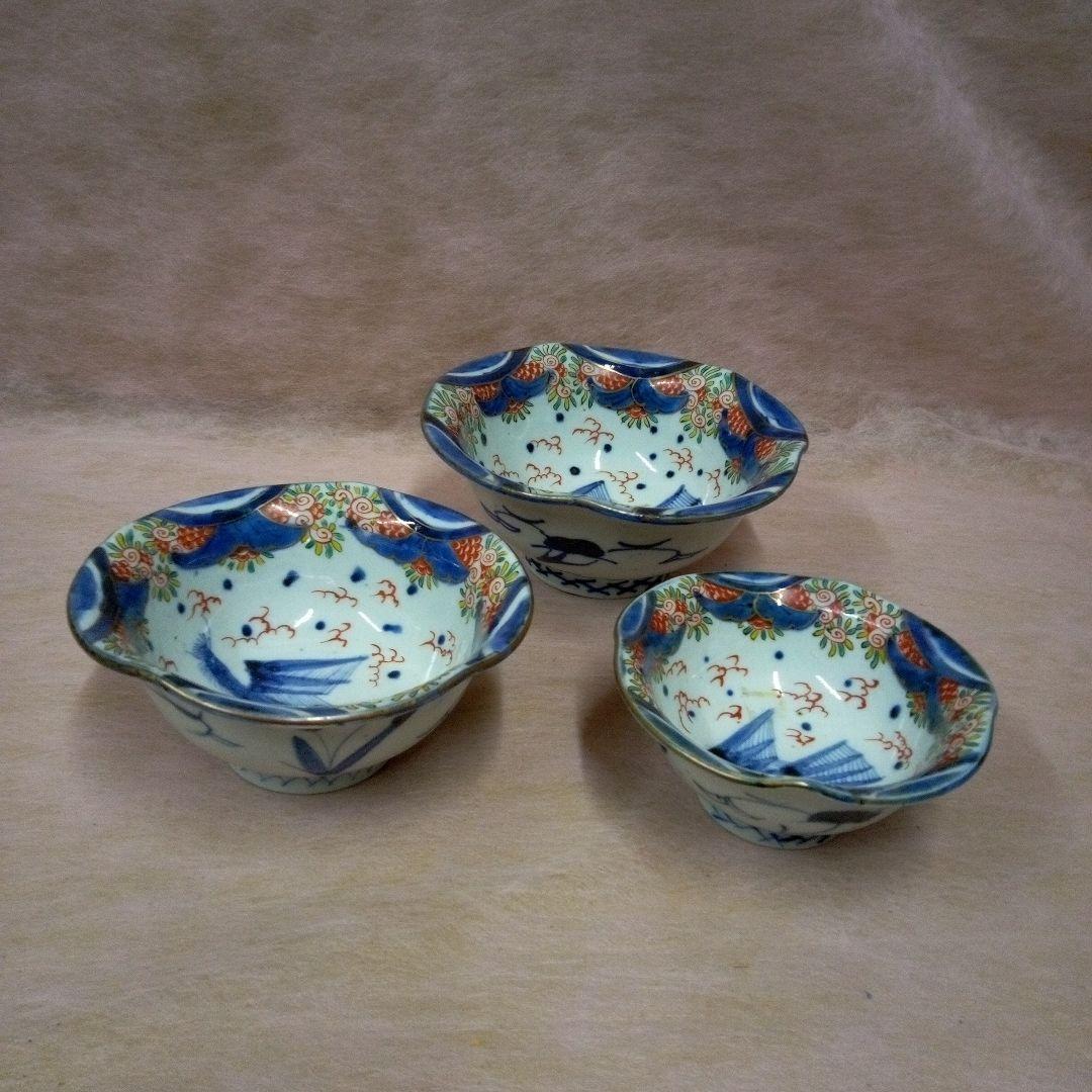 古伊万里　麒麟鳳凰文様錦三ツ鉢　古美術　古道具　骨董品