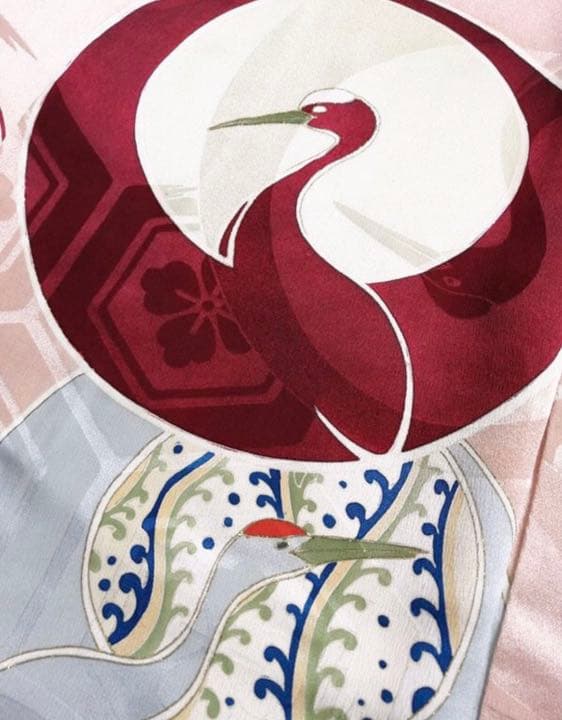 特選アンティークAPSS 鶴地文様　正絹訪問着　綸子　鶴尽くし　古美術　きもの