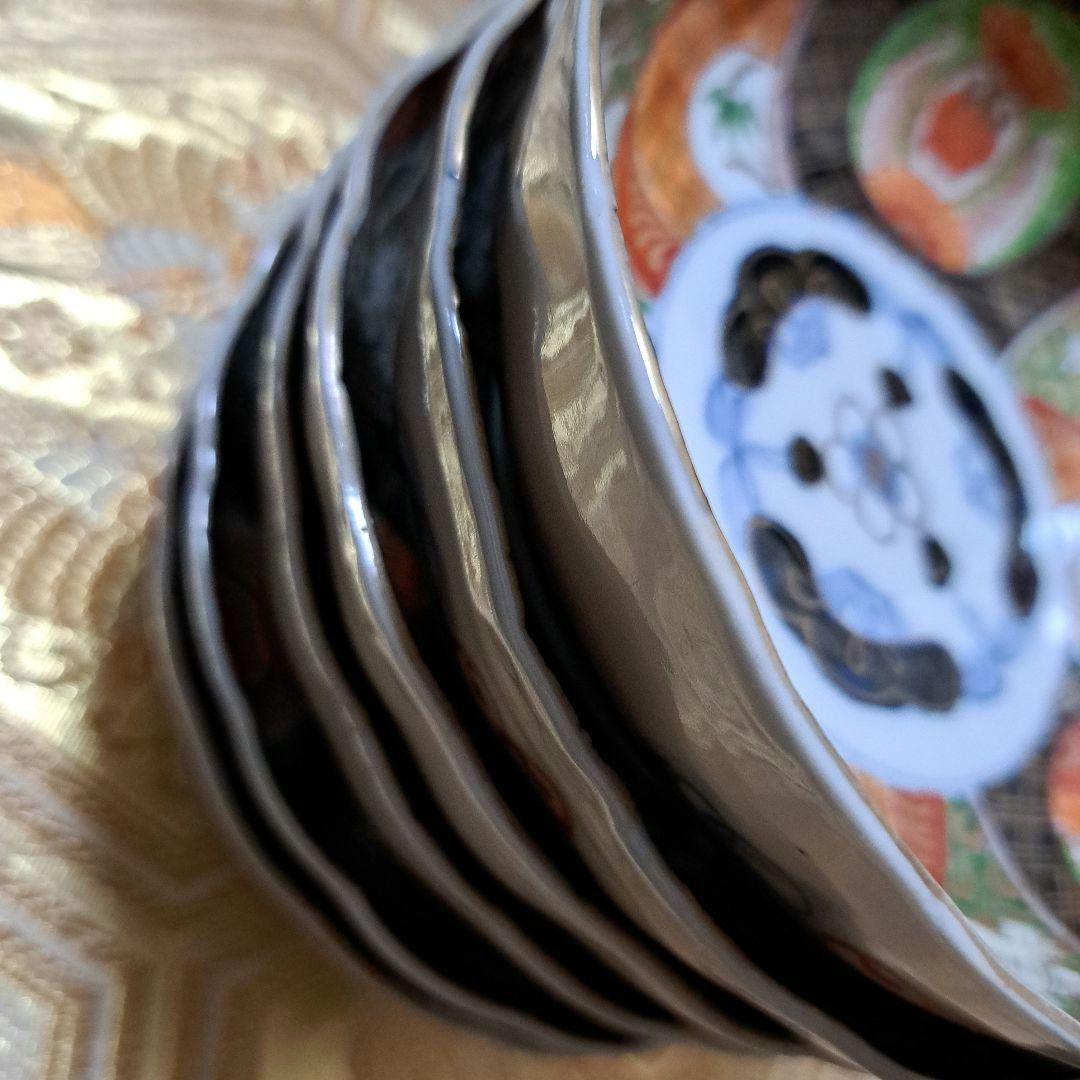 アンティーク　古伊万里　染錦　懐石皿　なます皿　5寸　6客揃　色絵　深鉢