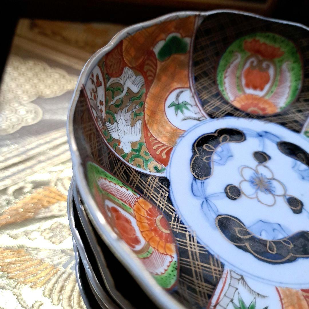 アンティーク　古伊万里　染錦　懐石皿　なます皿　5寸　6客揃　色絵　深鉢