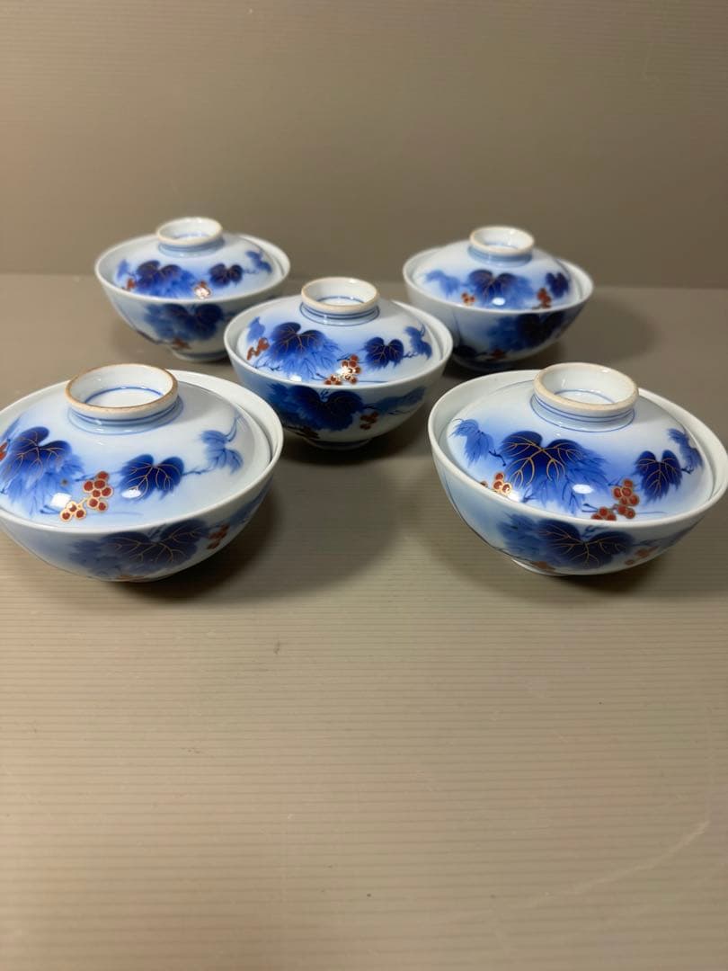 2211  有田焼 芳祥堂特製　葡萄瑠璃　蓋茶碗　5客