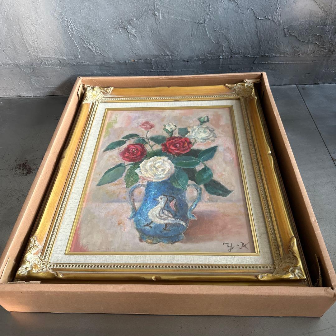 瞬間的お値下げ‼️雰囲気のよい優しいバラと鳥の絵　油彩画 花瓶のバラ ヴィンテージ