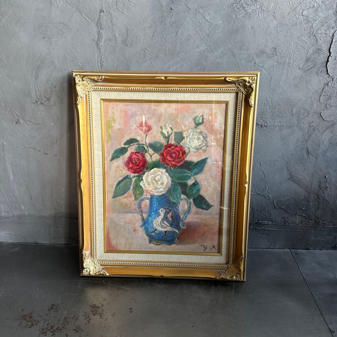 瞬間的お値下げ‼️雰囲気のよい優しいバラと鳥の絵　油彩画 花瓶のバラ ヴィンテージ