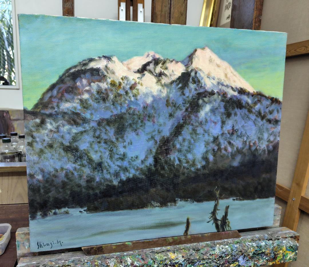 「厳冬の朝陽」2005 F15 絵画 油絵 油彩画 燧ヶ岳 尾瀬ヶ原