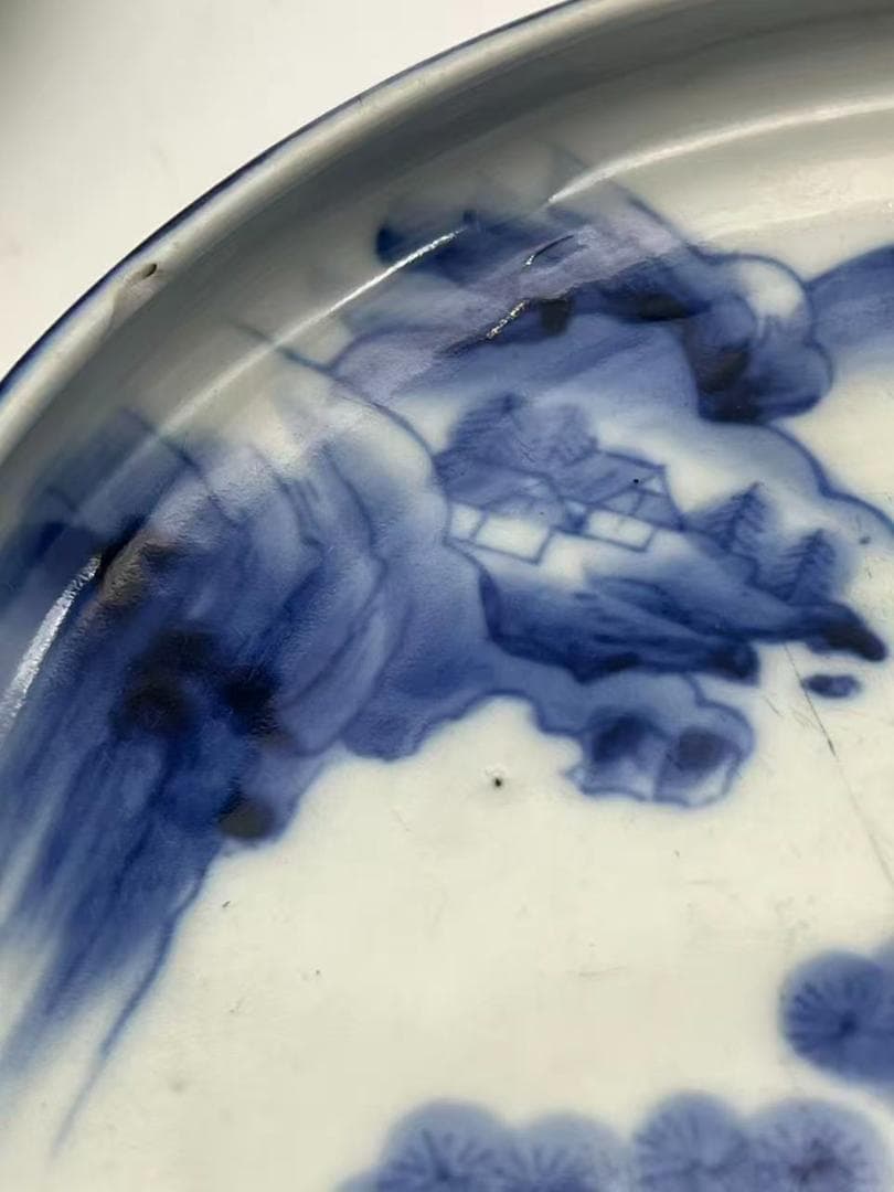 秋田焼　手描き染付山水画盛り鉢(B-47)