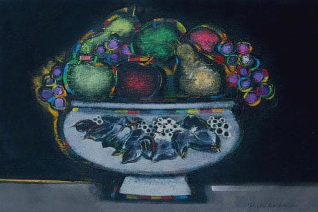 油絵 菅家令子 絵 絵画インテリア額付(青緑＋金色の枠uF6-062004 果物