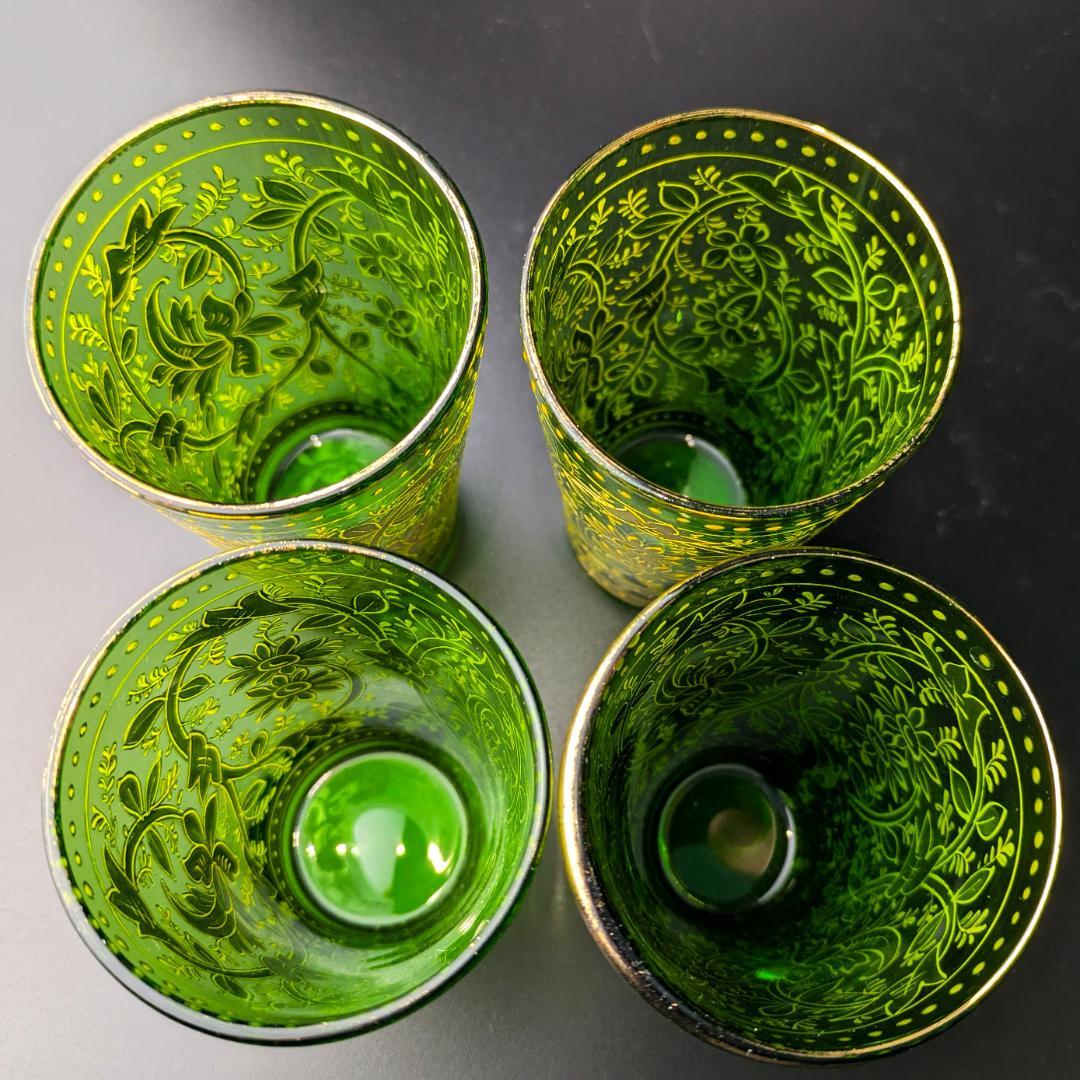Moser モーゼル 金彩グラス 4個セット エメラルドグリーン アラベスク文様