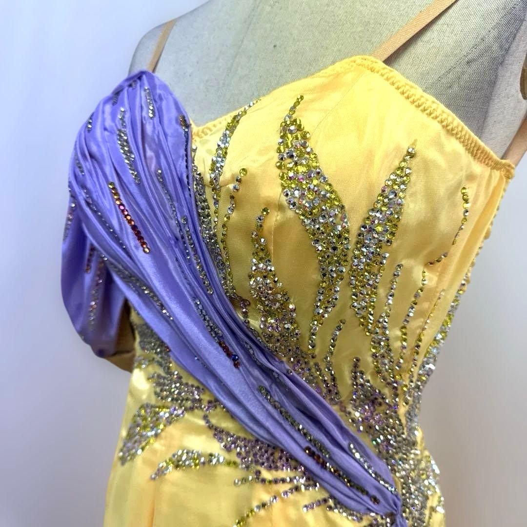 6338★ジャンティ★M 黄色 サテン スワロ スタンダード ドレス社交ダンス