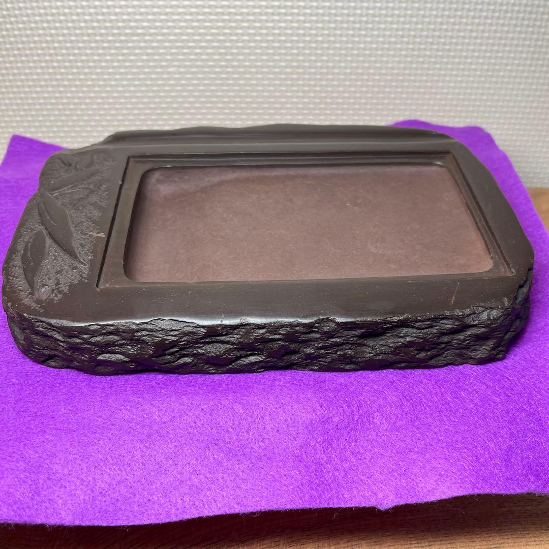 ⭕️赤間硯　植野玉泉堂　玉泉　笹竹葉彫刻石共蓋付き　手間あり入念　蓋付き大型硯