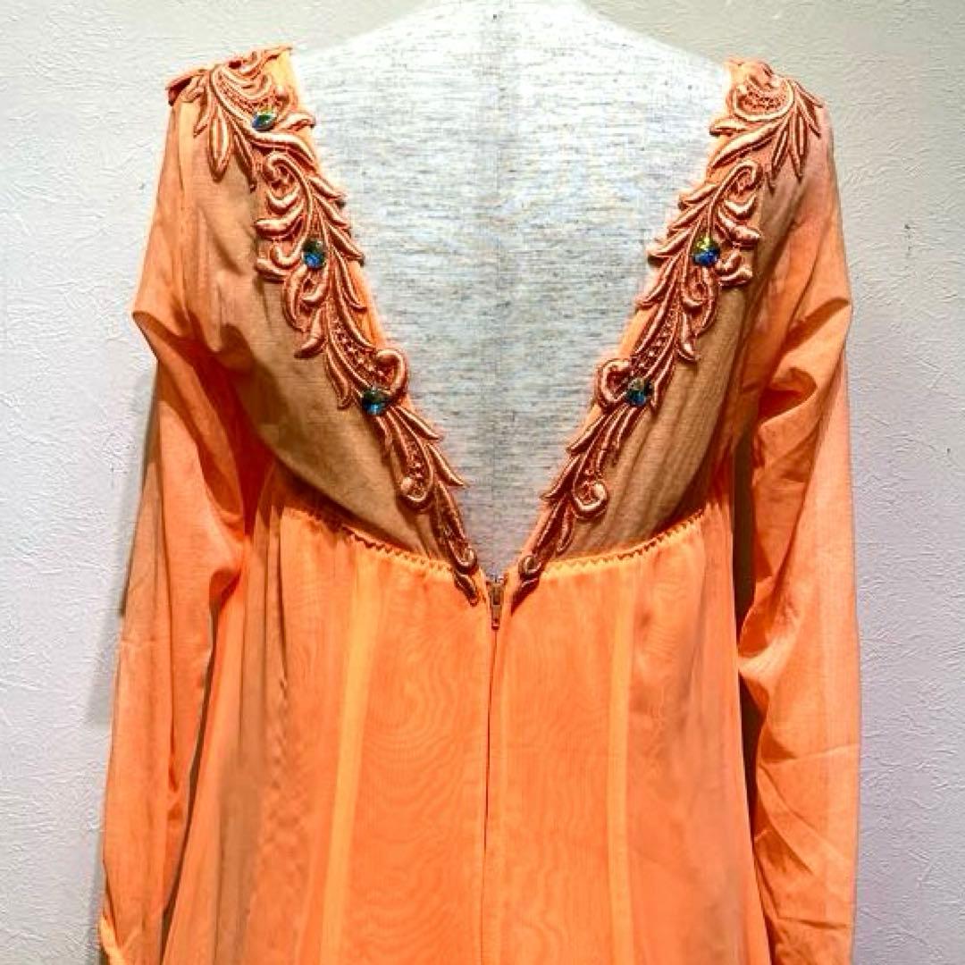 社交ダンス　スタンダードドレス　モダンドレス　オレンジ　スパンコール　刺繍