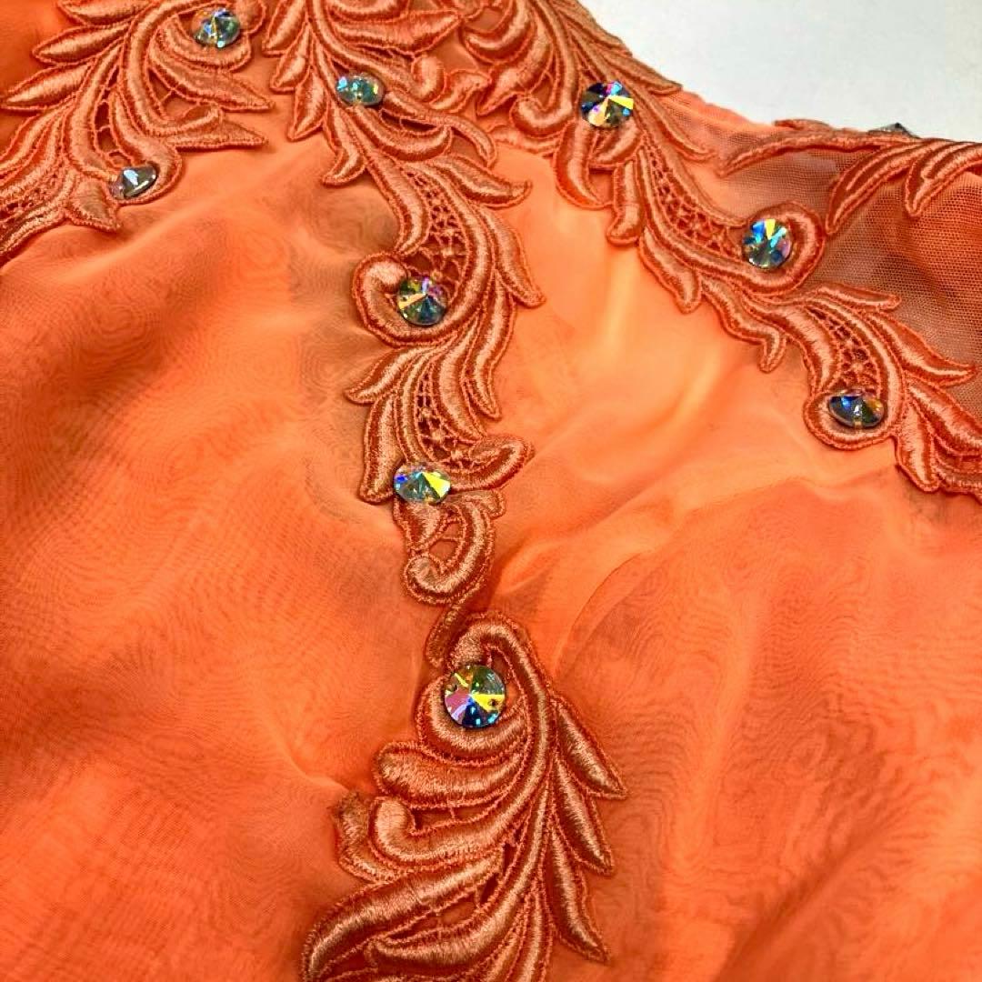 社交ダンス　スタンダードドレス　モダンドレス　オレンジ　スパンコール　刺繍