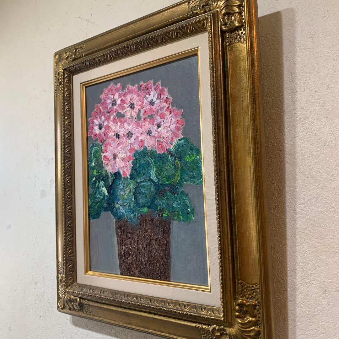 絵画　油彩肉筆画　岸本作『サイネリア』高級額装F4