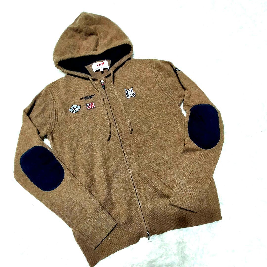 マスターバニー＊カシミヤ100%＊ブラウン×紺の可愛いニットパーカージップアップ