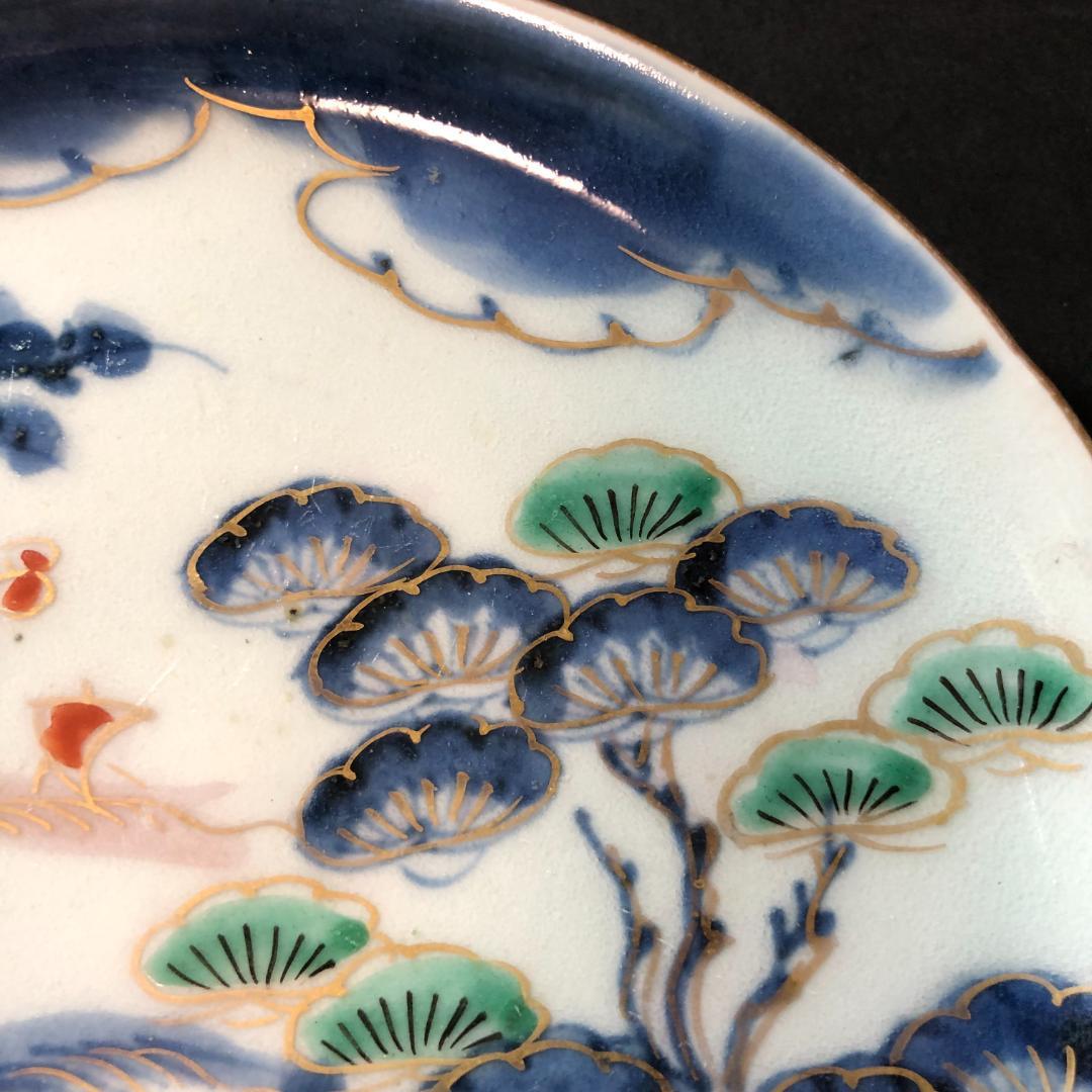 古伊万里　染錦　六寸皿　３客　松に帆掛け船文様　生活骨董　骨董雑貨　和食器