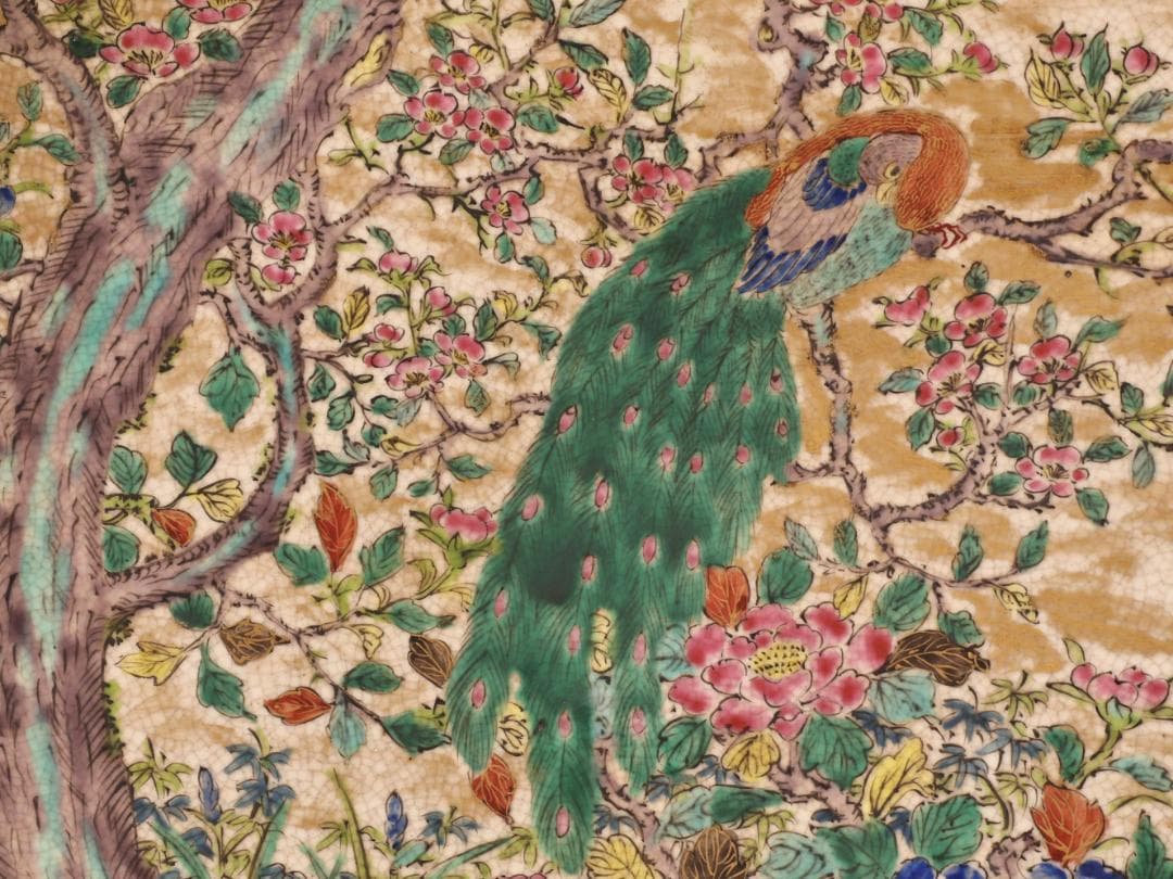 BK439　古九谷青手庄三造乃図　飾皿　二重角福　共箱　大皿　直径58㎝