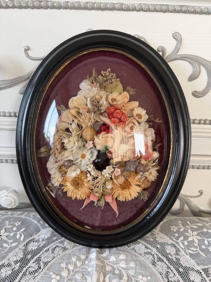 希少 フランスアンティーク お花のメダイヨン オーバルフレーム ドームガラス