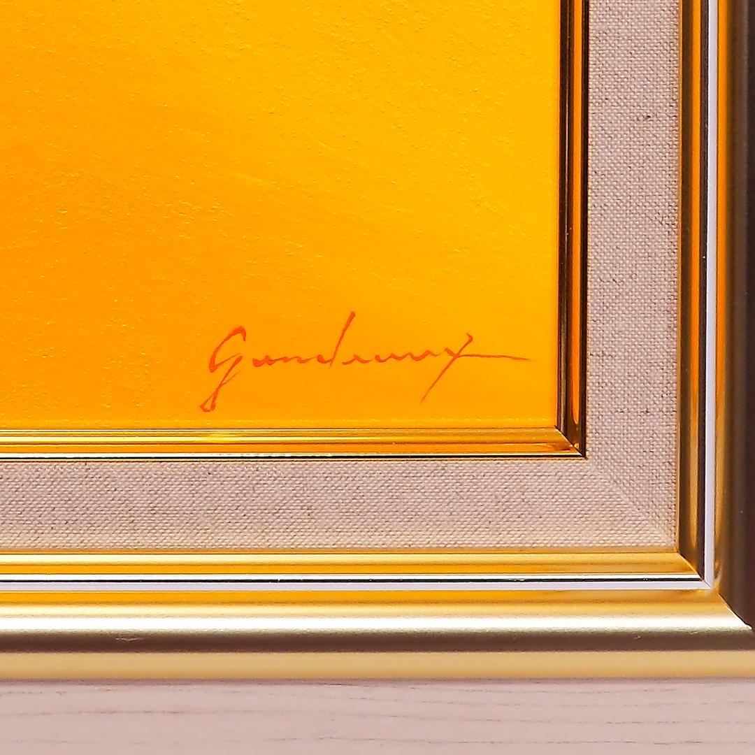 ●『金の太陽の発展黄富士』●がんどうあつし絵画油絵額付黄色開運金運日の出富士山