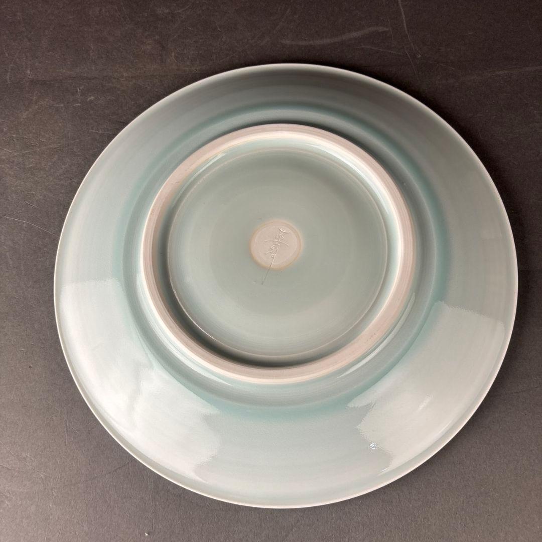角谷英明　青白磁　渦文　盛皿　共箱　　父:角谷一圭