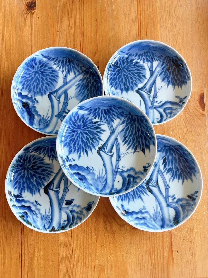 稀少 古伊万里 染付 竹文様 中皿 5客セット 江戸時代後期 手描き 骨董品