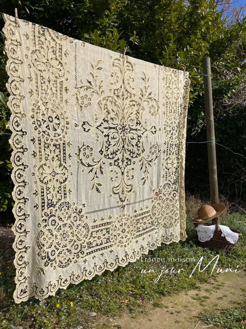 ◆フランスアンティークお宝級手刺繍超大判テーブルクロス大きいベッドカバーソファー