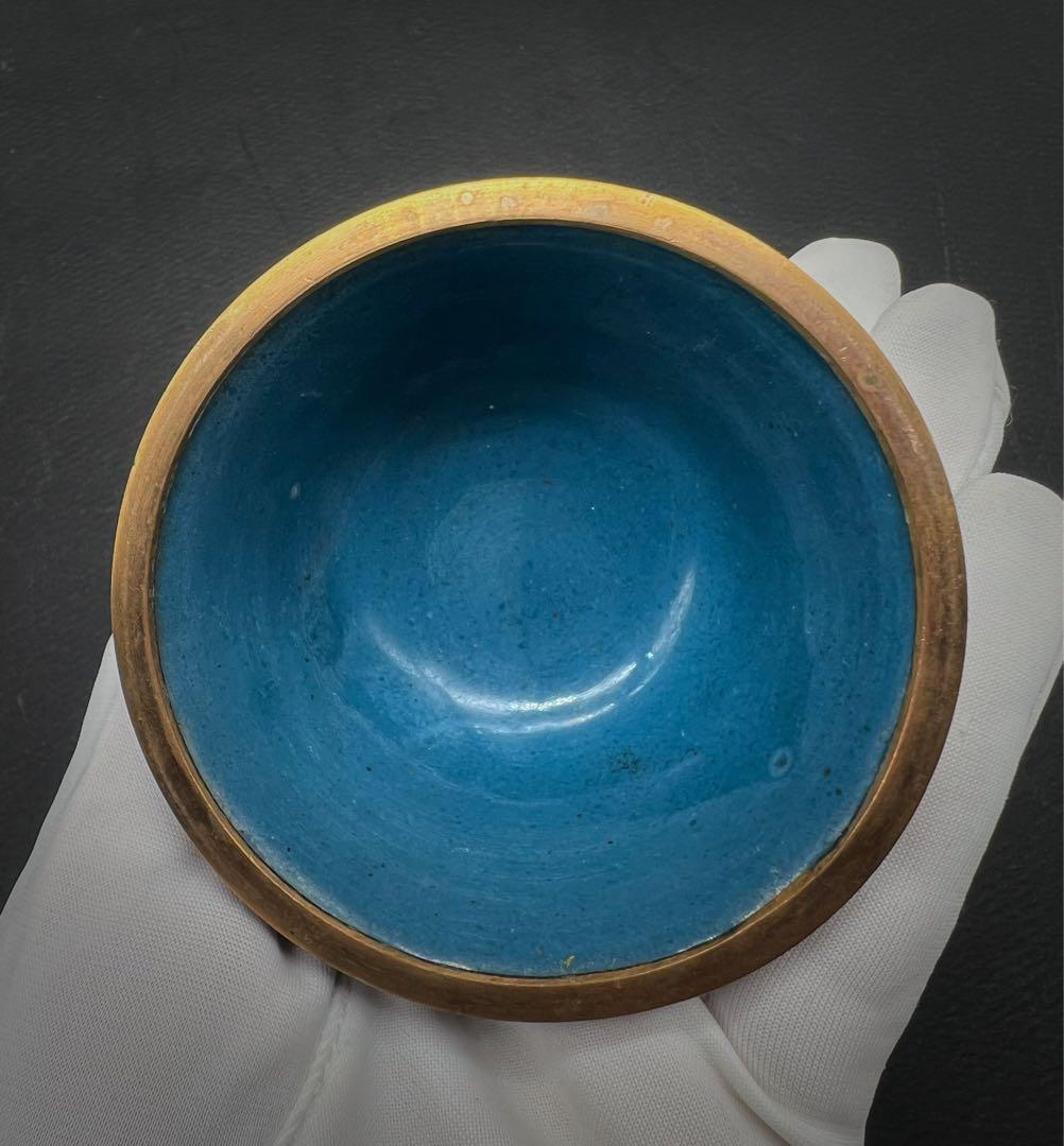 希少品 中國美術 古玩 景泰藍 京法 七宝焼梅紋樣茶碗 台座付き 茶道具